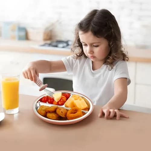 PandaEar Baby Feeding Set | Stainless Steel Plates & Bowls with Silicone Utensils | Toddler Tableware (Pink & Blue) thumbnail 2
