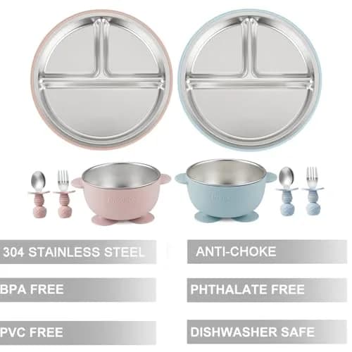 PandaEar Baby Feeding Set | Stainless Steel Plates & Bowls with Silicone Utensils | Toddler Tableware (Pink & Blue) thumbnail 3