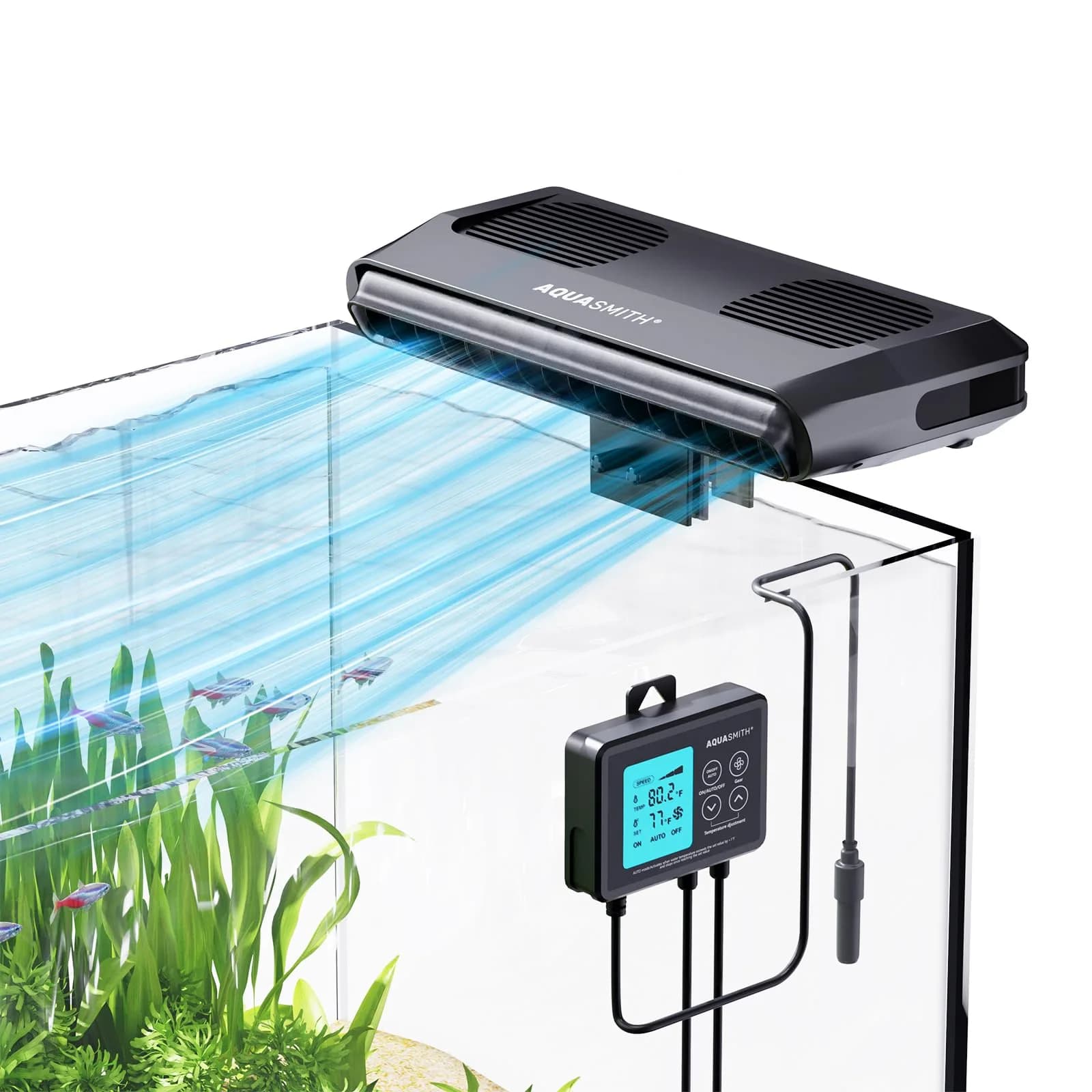 AQUASMITH Aquarium Chiller Fan with Temperature Control | Silent, Auto Start/Stop, 3-Speed Modes for Fish & Coral Tanks