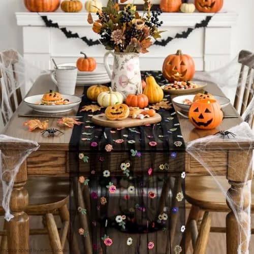 Artoid Mode Black Embroidery Daisy Gauze Table Runner 28 x 120 Inch | Rustic Bohemian Style for Indian Homes thumbnail 2