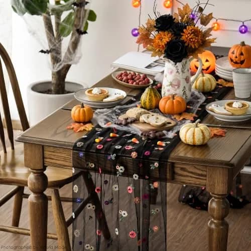 Artoid Mode Black Embroidery Daisy Gauze Table Runner 28 x 120 Inch | Rustic Bohemian Style for Indian Homes thumbnail 3