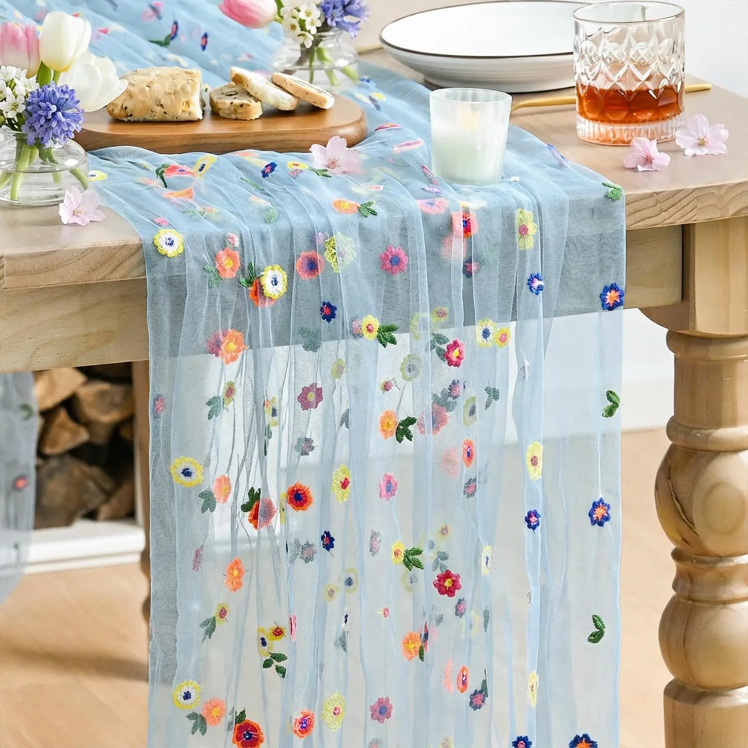 Artoid Mode Pink Embroidery Daisy Gauze Table Runner 28 x 120 Inch | Bright Floral Print for Festive Decor — Blue