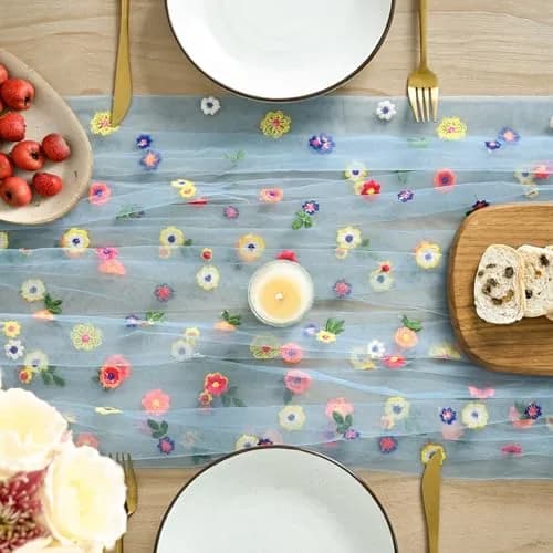 Artoid Mode Blue Embroidery Daisy Gauze Table Runner 28 x 120 Inch (71 x 305 cm) | Festive Indian Home Decor thumbnail 2