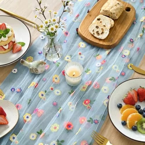 Artoid Mode Blue Embroidery Daisy Gauze Table Runner 28 x 120 Inch (71 x 305 cm) | Festive Indian Home Decor thumbnail 3