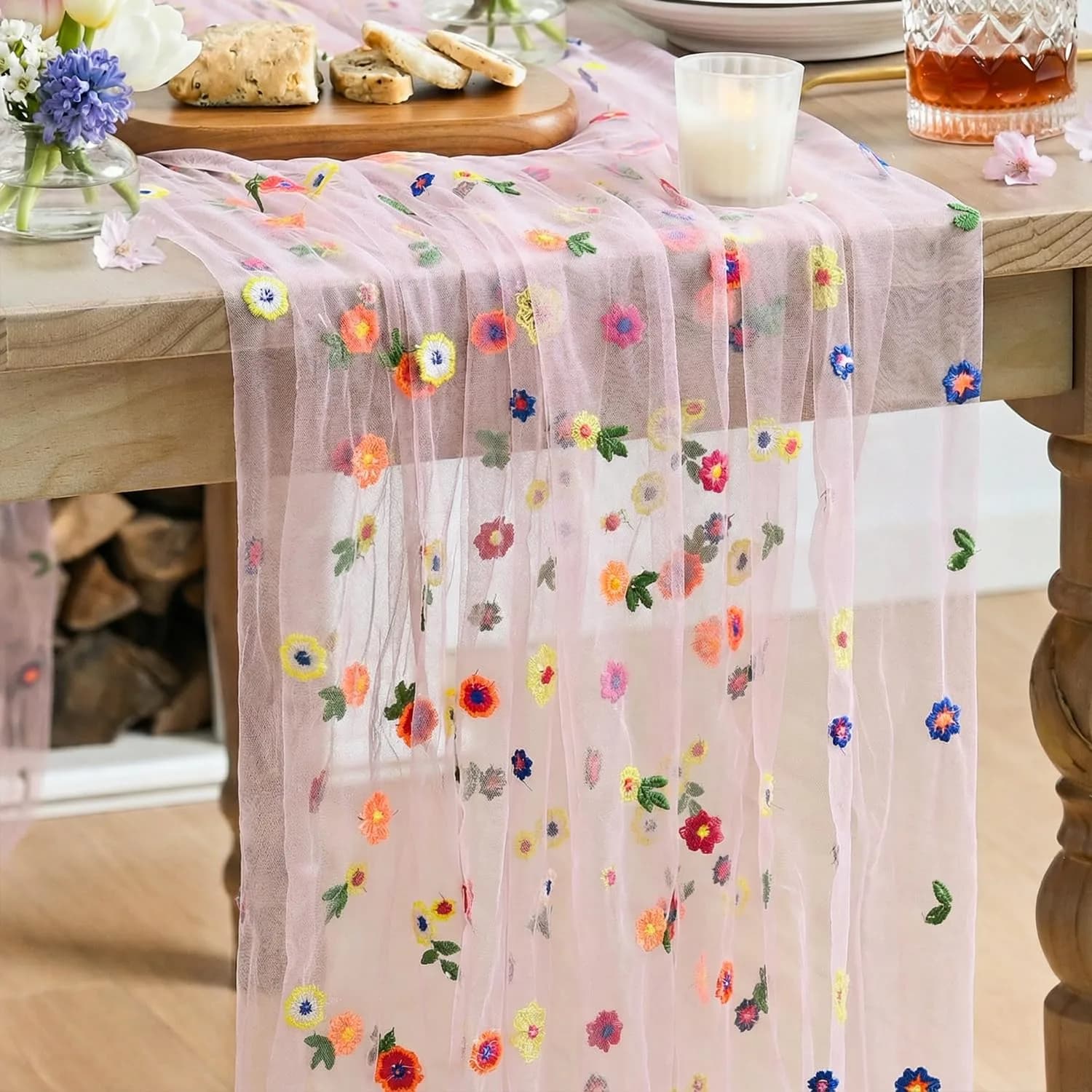 Artoid Mode Pink Embroidery Daisy Gauze Table Runner 28 x 120 Inch | Bright Floral Print for Festive Decor - main product image