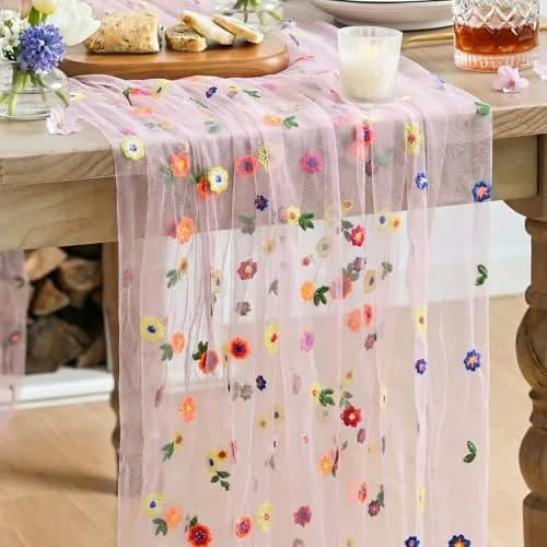 Artoid Mode Pink Embroidery Daisy Gauze Table Runner 28 x 120 Inch | Bright Floral Print for Festive Decor thumbnail 1