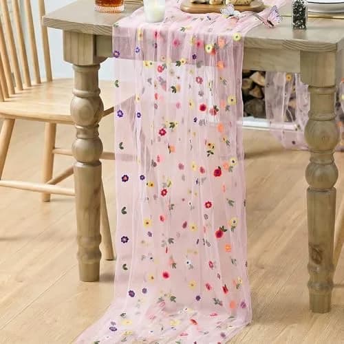 Artoid Mode Pink Embroidery Daisy Gauze Table Runner 28 x 120 Inch | Bright Floral Print for Festive Decor thumbnail 4