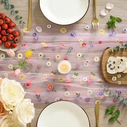 Artoid Mode Pink Embroidery Daisy Gauze Table Runner 28 x 120 Inch | Bright Floral Print for Festive Decor thumbnail 2