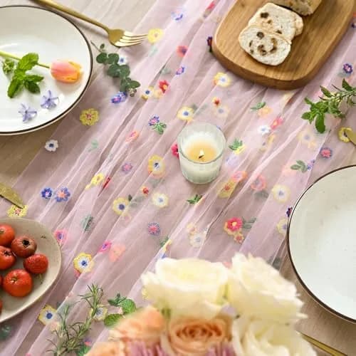 Artoid Mode Pink Embroidery Daisy Gauze Table Runner 28 x 120 Inch | Bright Floral Print for Festive Decor thumbnail 3