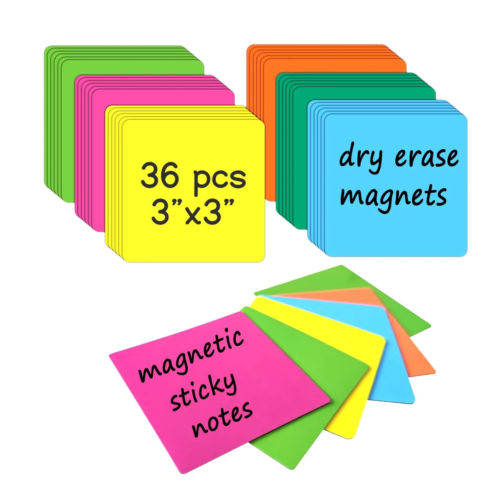 NIUBIKLUS Magnetic Dry Erase Reusable Sticky Notes 7.6cm x 7.6cm (3" x 3") | Pack of 18 for Whiteboards, Fridges, Lockers — 3x3, 36Pcs-Full Color