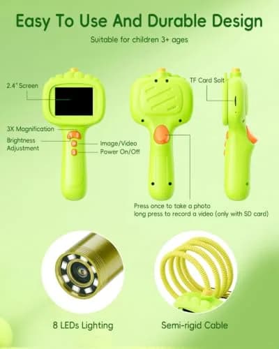 Ashfly Green Borescope Camera with Light for Kids, 7.9mm Lens & 2.4" HD Screen | STEM Educational Toy for Nature Exploration thumbnail 3