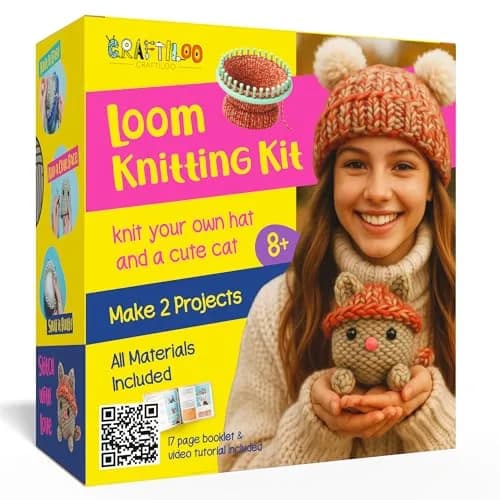 CRAFTILOO Beginner Loom Knitting Kit for Kids - Make a Hat & Cat | Ages 8+ | Includes 2 Looms, Yarn, Tools thumbnail 1