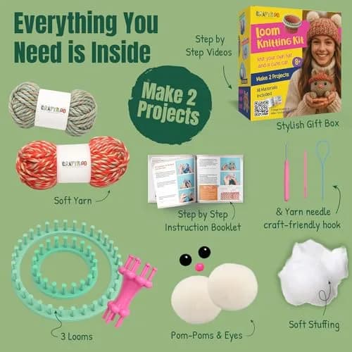 CRAFTILOO Beginner Loom Knitting Kit for Kids - Make a Hat & Cat | Ages 8+ | Includes 2 Looms, Yarn, Tools thumbnail 2