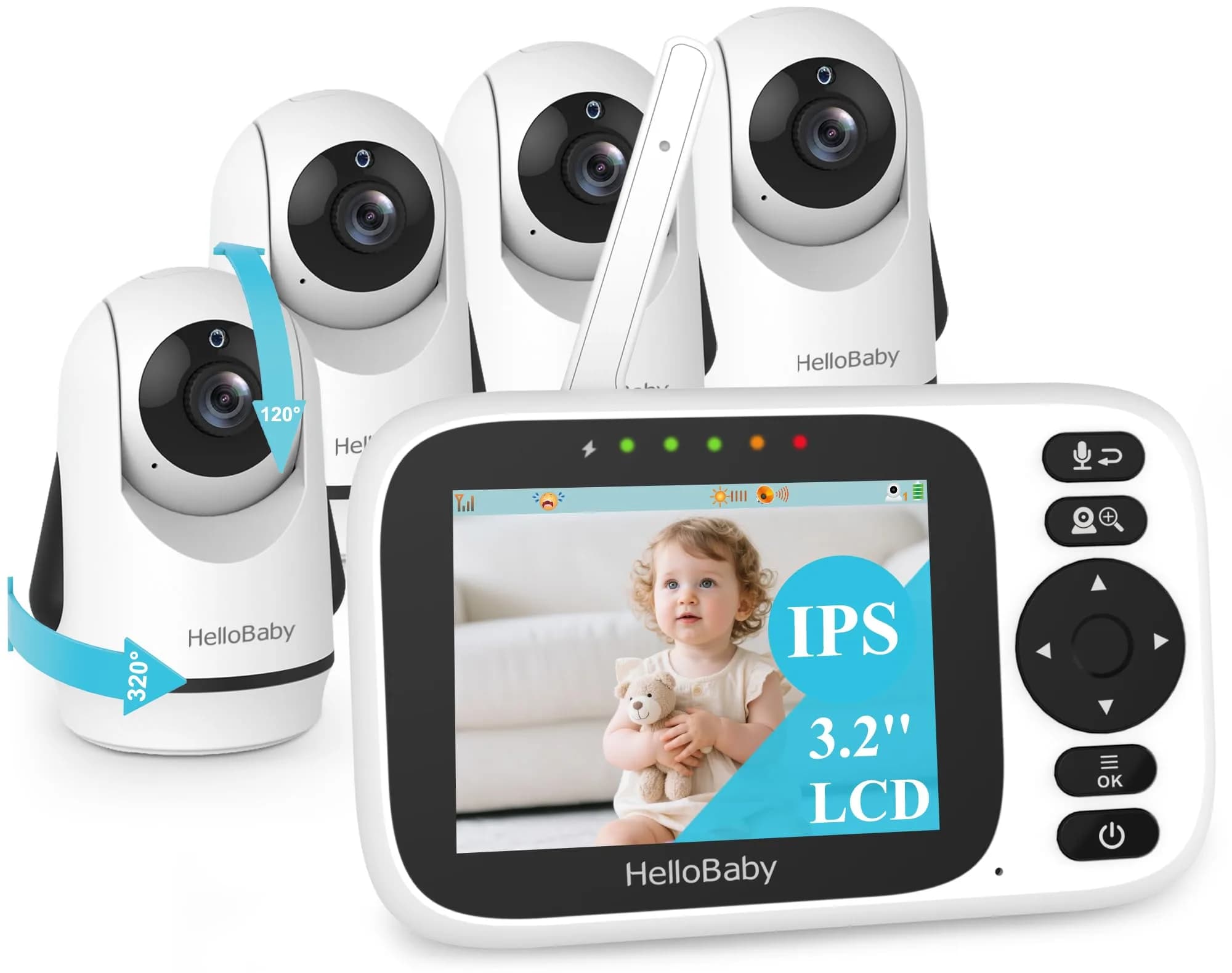 HelloBaby Baby Monitor No WiFi with 3.2 Inch Screen, Pan Tilt Zoom Camera | Secure 1000ft FHSS Wireless Connection — 4 Cameras / 3.2''