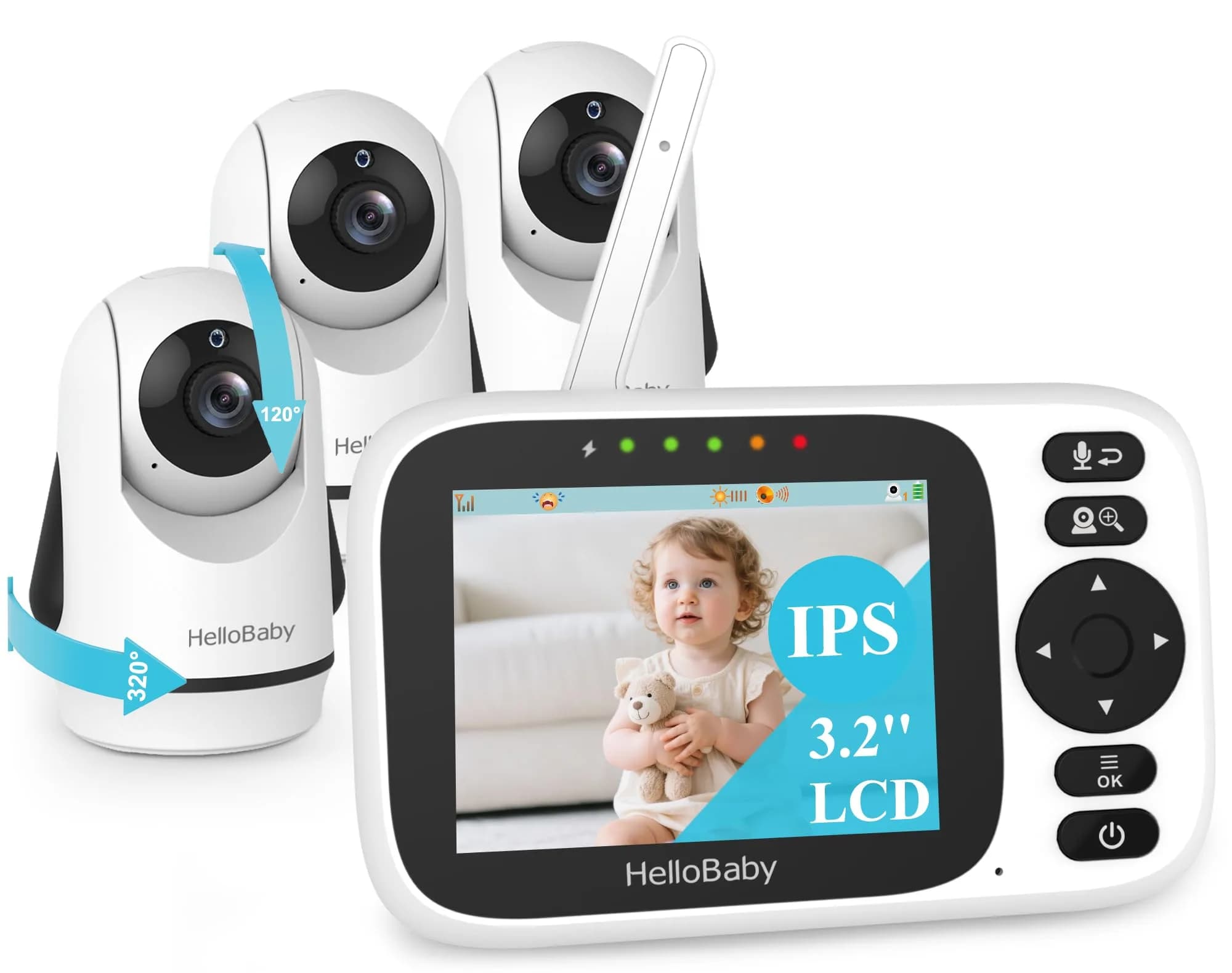 HelloBaby Baby Monitor No WiFi with 3.2 Inch Screen, Pan Tilt Zoom Camera | Secure 1000ft FHSS Wireless Connection — 3 Cameras / 3.2''
