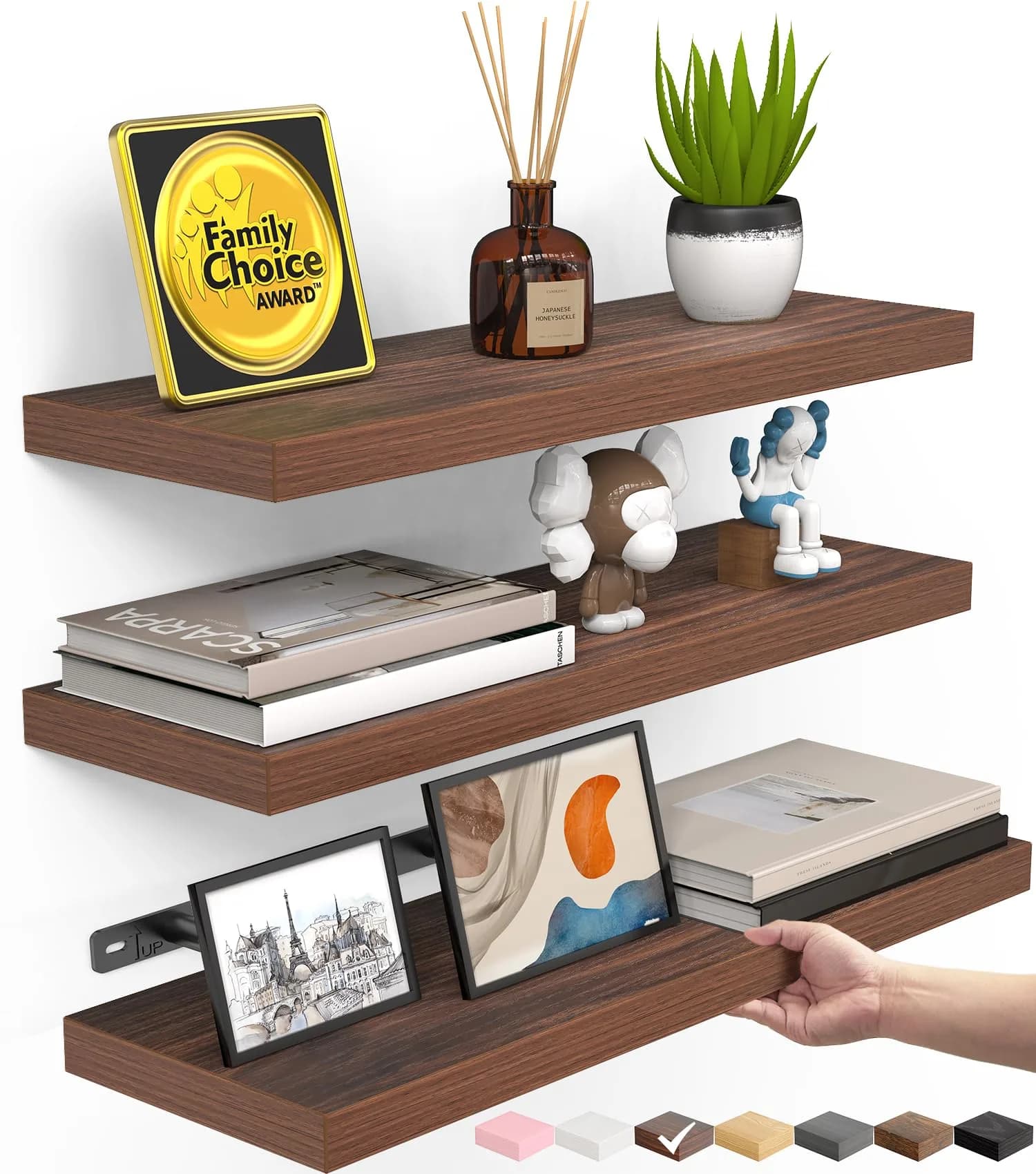 BAYKA Walnut-Like Floating Shelves 15.7in | Modern & Rustic Wall Decor (70-120c)