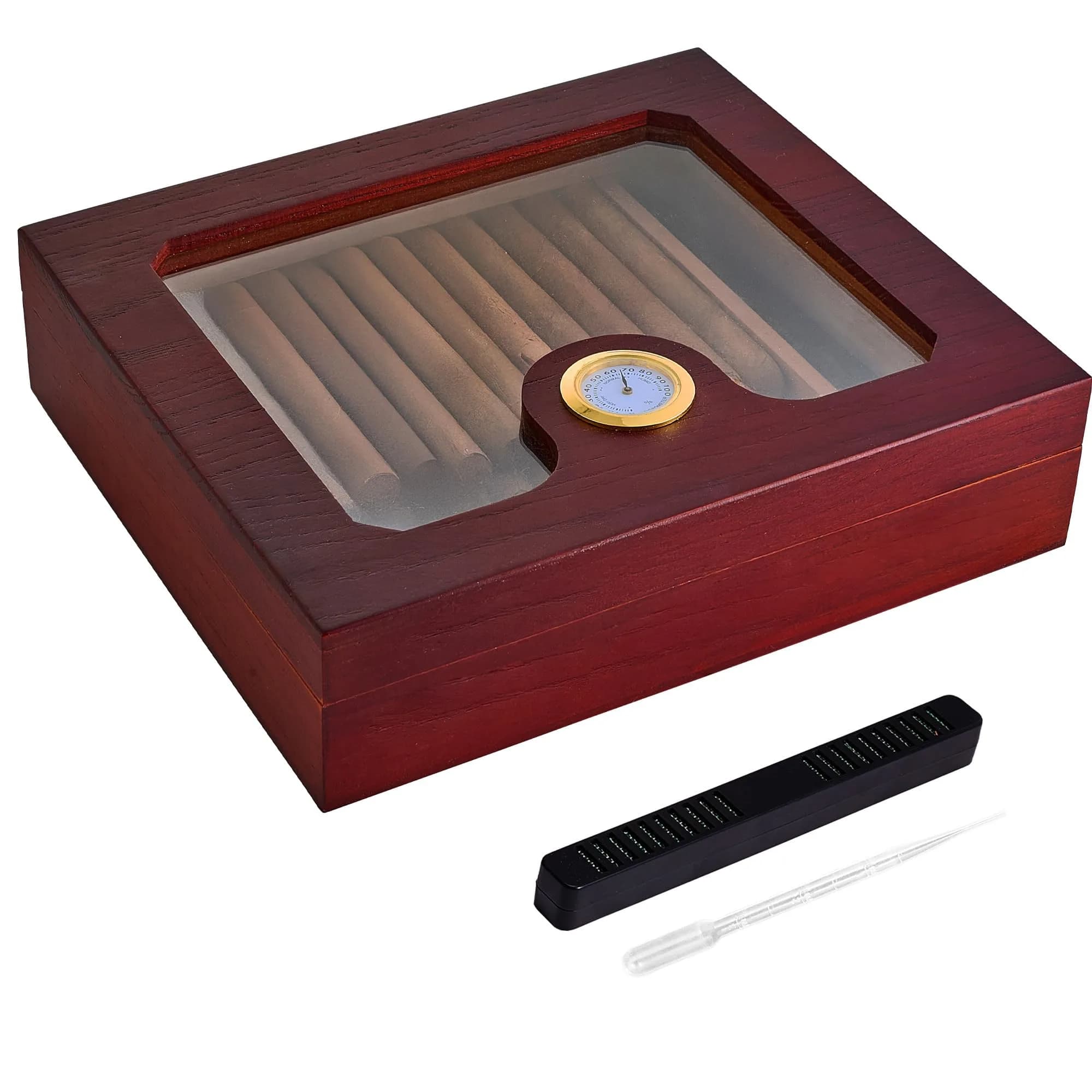 Somduy Cedar Wood Cigar Humidor for 25-30 Cigars | Rustic Brown Desktop Storage Case with Humidifier & Hygrometer — Reddish Brown / Small