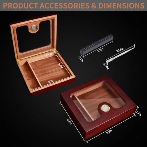 Somduy Cedar Wood Cigar Humidor for 25-30 Cigars with Humidifier & Hygrometer | Reddish Brown Classic Style thumbnail 4