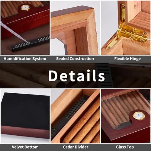 Somduy Cedar Wood Cigar Humidor for 25-30 Cigars with Humidifier & Hygrometer | Reddish Brown Classic Style thumbnail 6