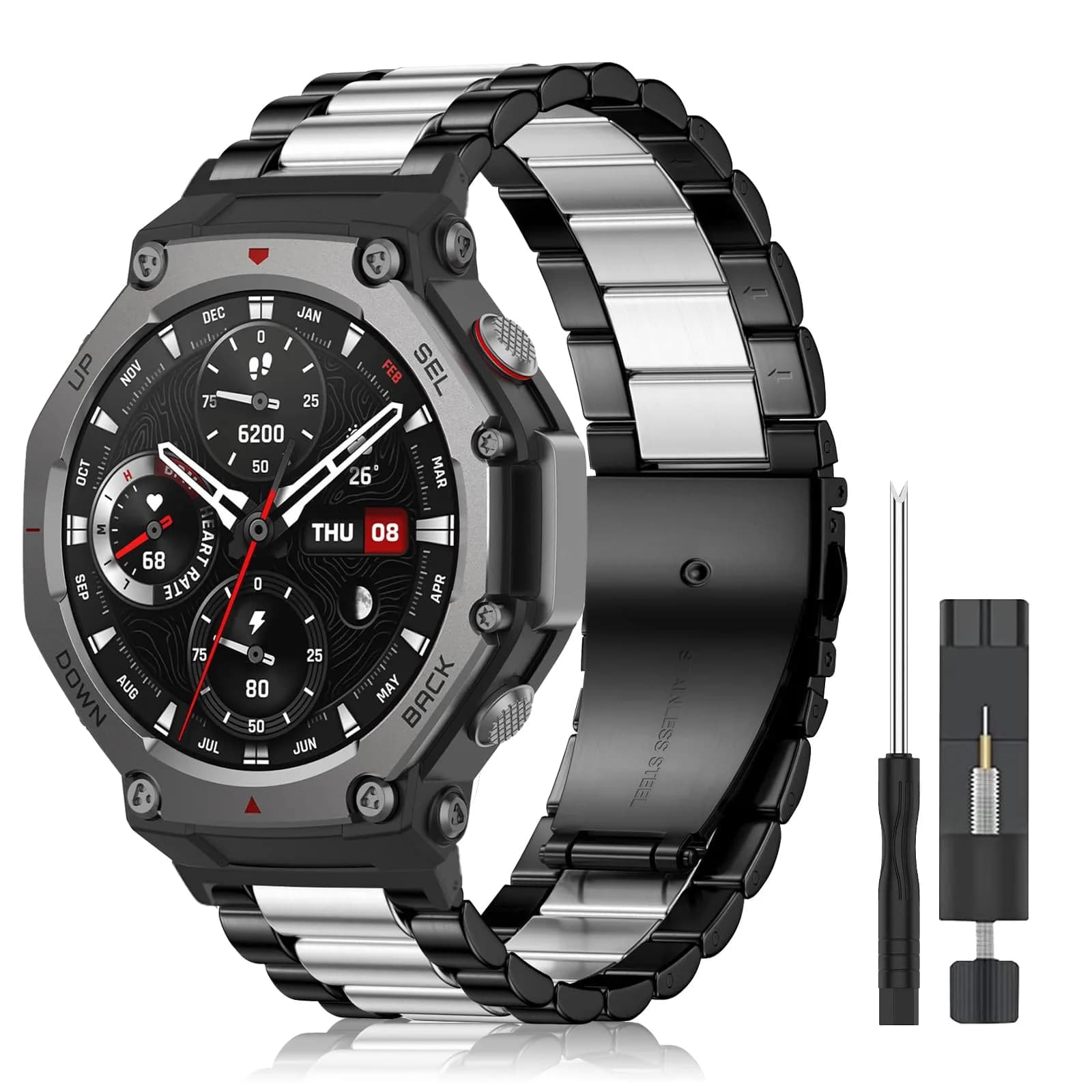 CeiLarv Metal Watch Band for Amazfit T-Rex 3 | Silver Black 2.2cm (0.87in) — Black Silver / Amazfit T-Rex 3