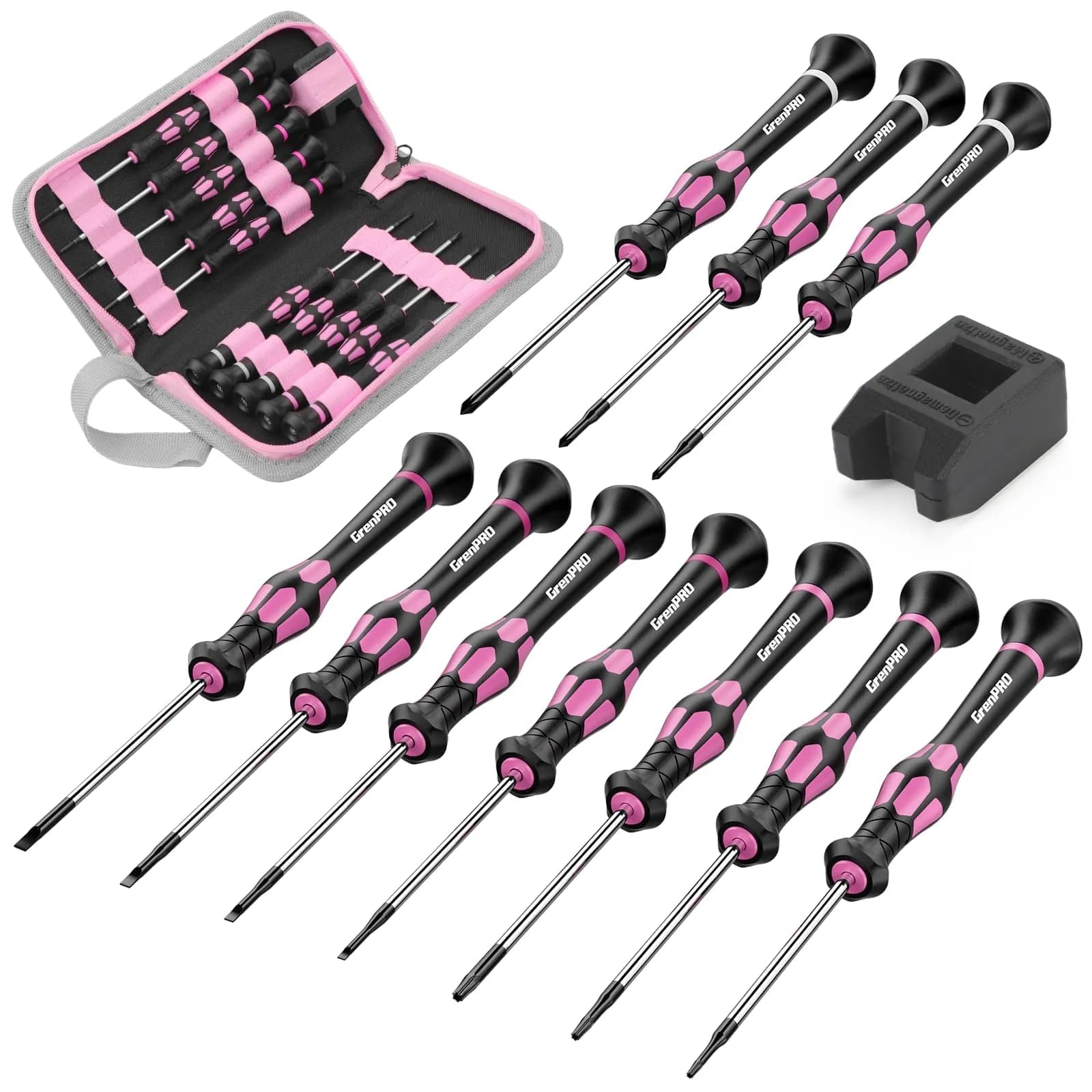 GRENPRO Pink Precision Screwdriver Set | Magnetic Small Drivers for Eyeglass, Watch, Phone, Laptop