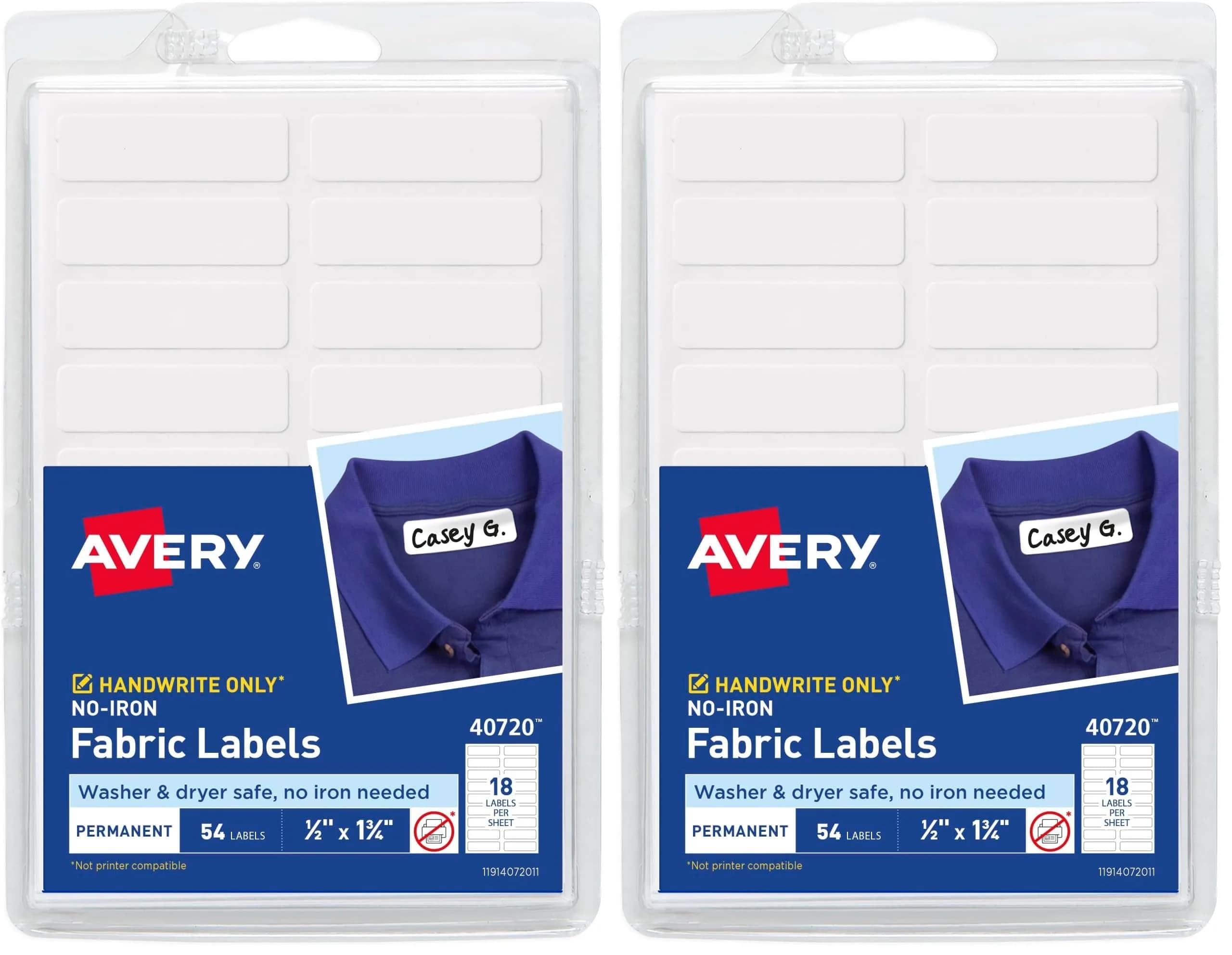Avery No-Iron Fabric Labels 1/2" x 1-3/4" | Washer & Dryer-Safe Waterproof Labels, 54 Total (Pack of 2) — White