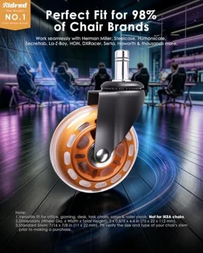 RidRed Orange Heavy-Duty Office Chair Wheels | 7.6 cm (3 Inch) Rollerblade Casters, 5-Pack, Noise-Free, Universal Fit thumbnail 2