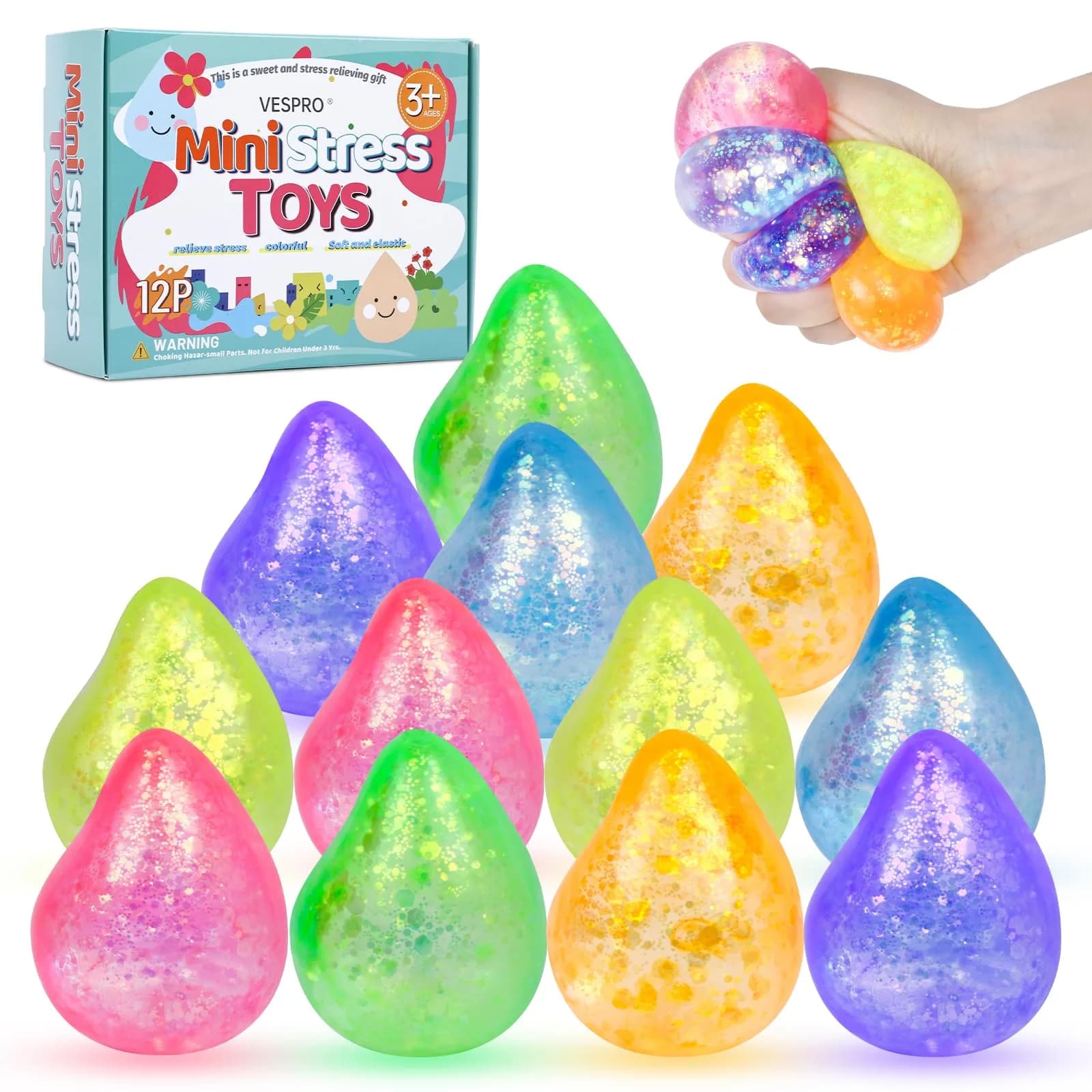 VESPRO Cute Bear Squeeze Ball Fidget Toys 5.3cm (2.1 inch) | Non-Toxic TPR Stress Ball — 12pcs Water Droplet Squishy Ball