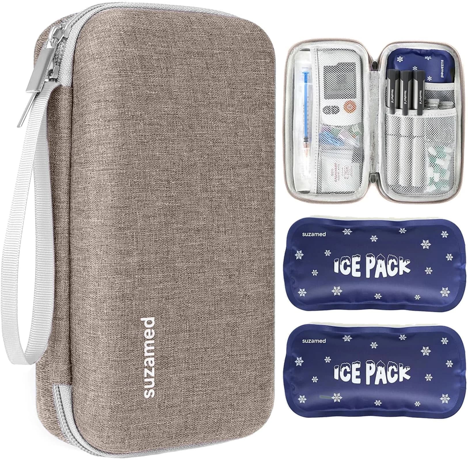 suzamed Insulin Cooler Travel Case, 2x150g Ice Pack TSA Approved, Brown | Portable Diabetes Travel Organizer