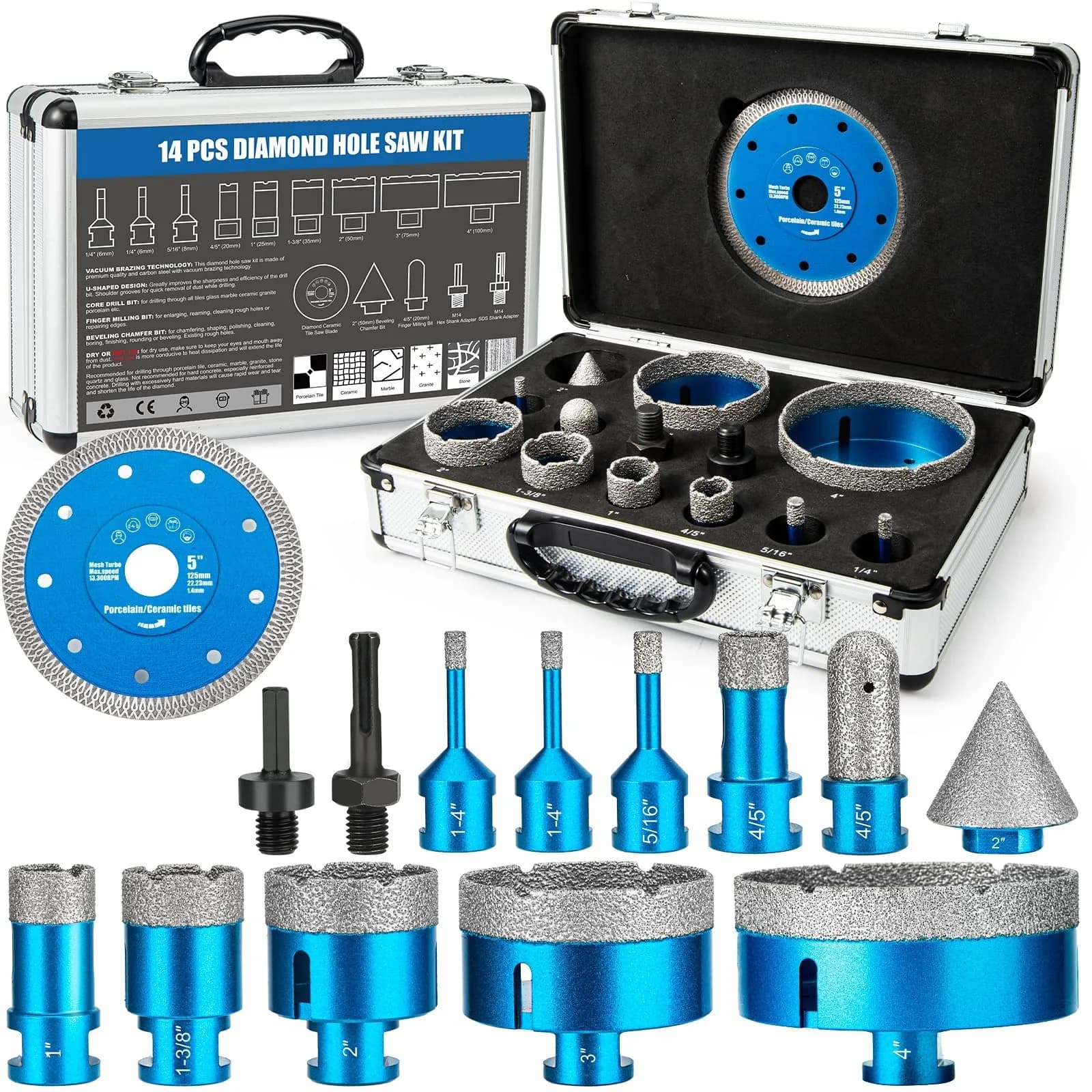Semderm Diamond Tile Hole Saw Kit 14 PCS Set 6-100mm | Precision Cutting for Tile, Ceramic, Porcelain, Marble