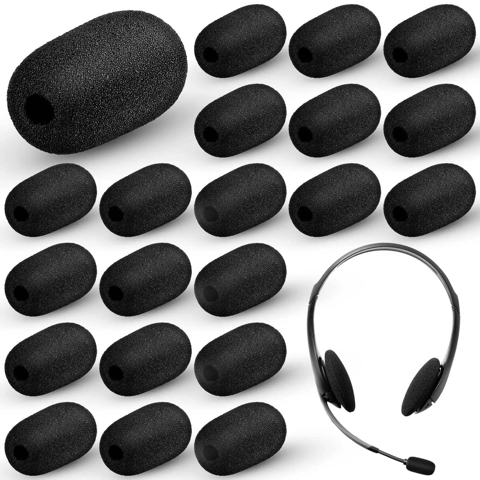 Innconee Mini Mic Foam Windscreen Covers 2mm x 15mm (20 Pcs) | Reduces Wind Noise for Headset & Lapel Mics — Black / 0.2*1.4 in