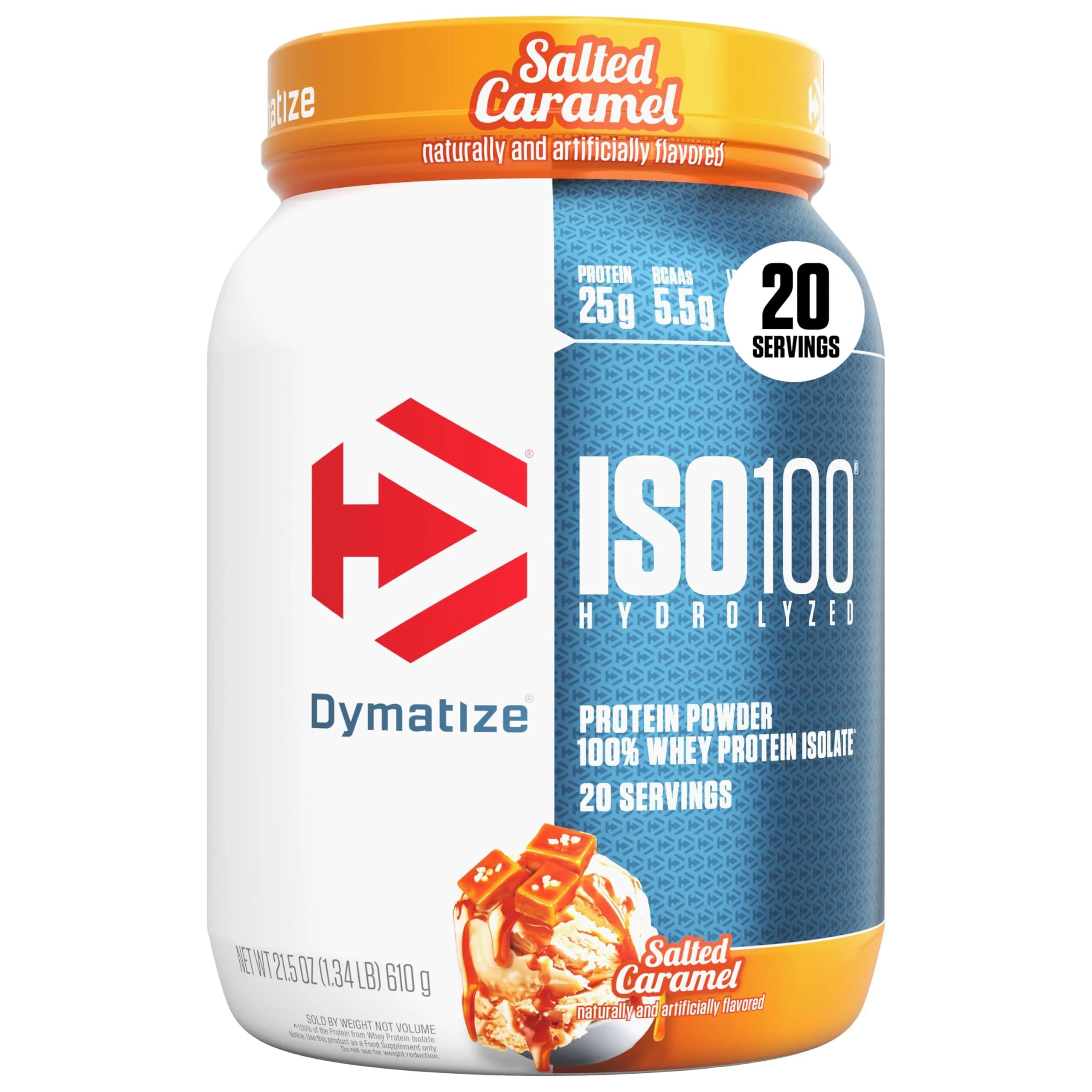 Dymatize ISO100 Strawberry Whey Protein Isolate 1.34 lb (608g) | 25g Protein, 5.5g BCAAs, Gluten-Free — Salted Caramel / 1.34 Pound