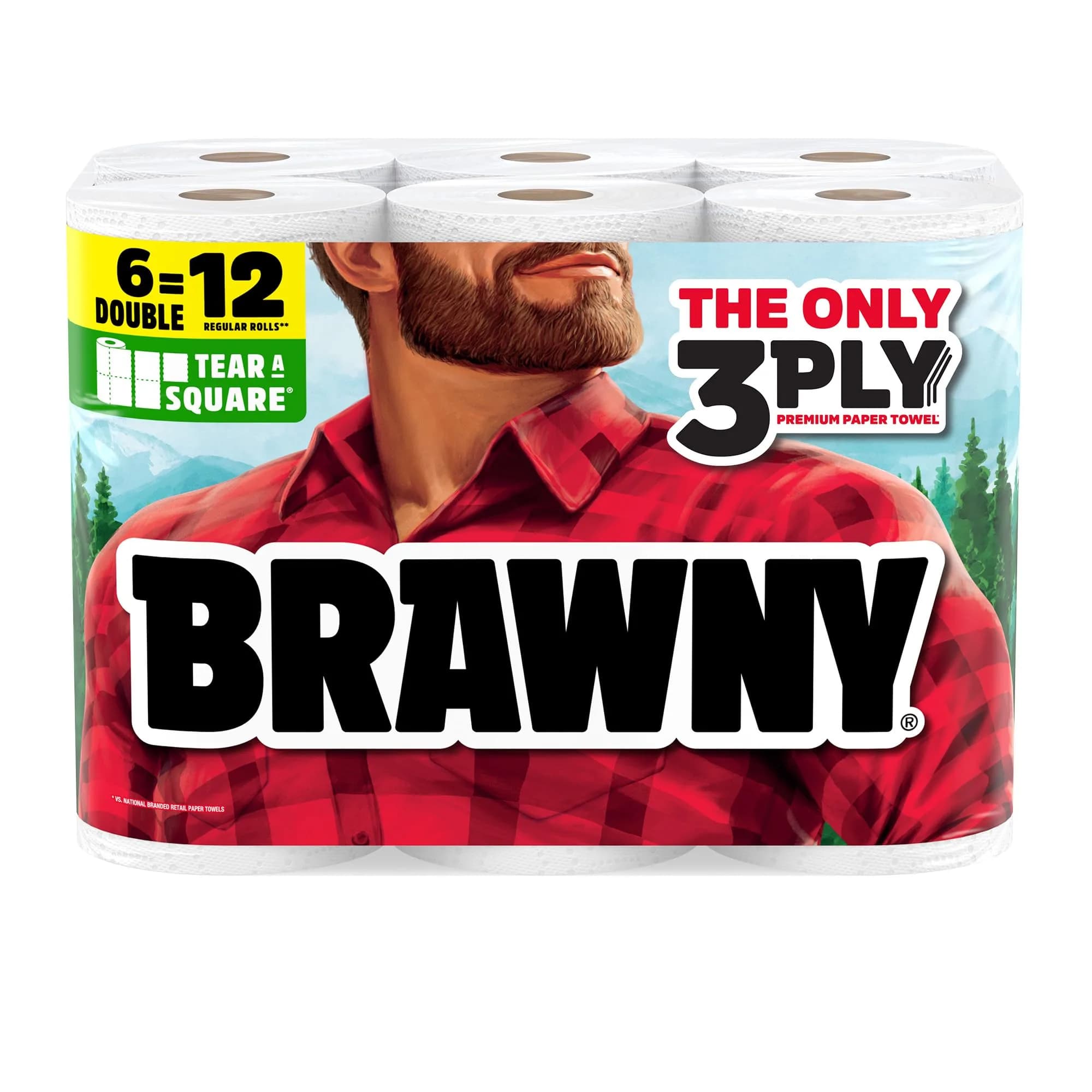 Brawny Tear-A-Square 3-Ply Paper Towels, 6 Double Rolls (456 Sheets Total) | Strongest Paper Towel