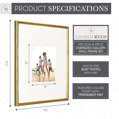 Camden Reed Arcadia Gallery Wall Frame Set, 16x20 and 16x16 Inch Matted Frames, 8 Piece, Antique Gold thumbnail 2