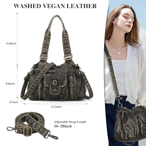 Angel Kiss Small Hobo Bag for Women Retro Washed Leather Shoulder Handbag Roomy Top Handles with Removable Strap | Vintage Chic & Practical thumbnail 4