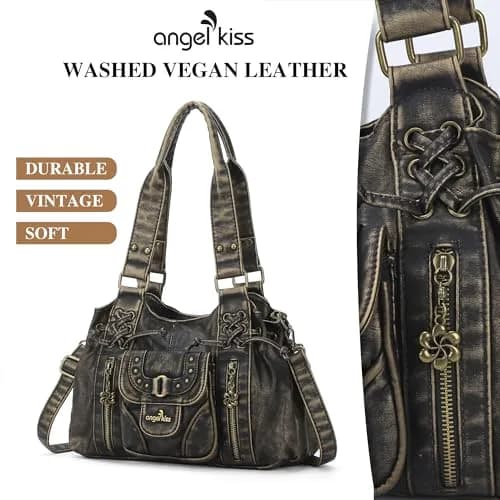 Angel Kiss Small Hobo Bag for Women Retro Washed Leather Shoulder Handbag Roomy Top Handles with Removable Strap | Vintage Chic & Practical thumbnail 3