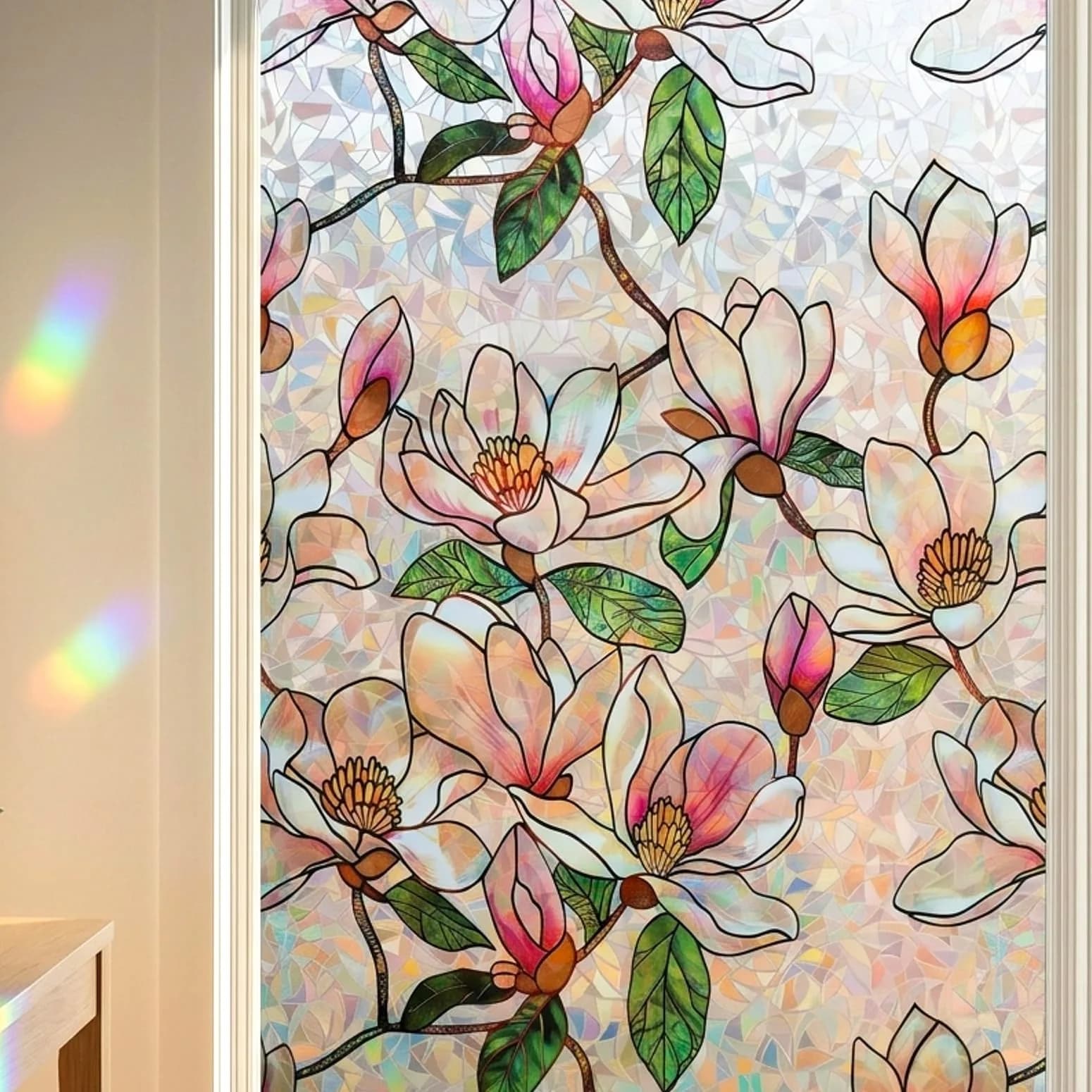 Mikomer Magnolia Rainbow Window Film Privacy Door Tint 17.5x78.7in | Stained Glass Sun Blocking Decor - main product image