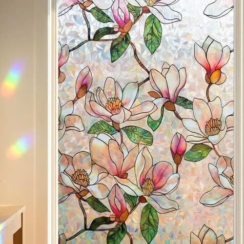 Mikomer Magnolia Rainbow Window Film Privacy Door Tint 17.5x78.7in | Stained Glass Sun Blocking Decor thumbnail 1