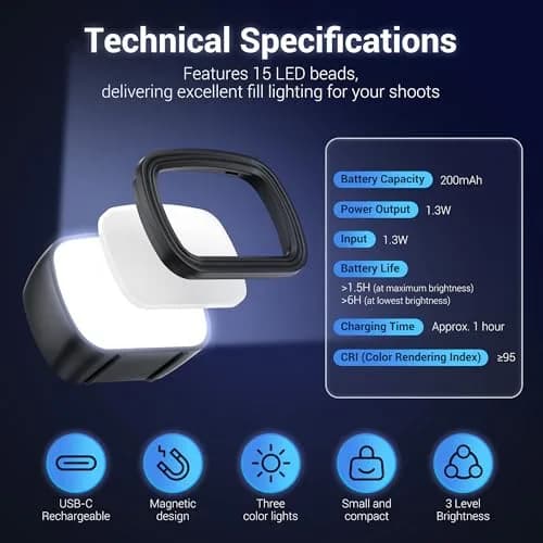 JJC 3-Pack LED Light for DJI Osmo Pocket 3 & Xtra Muse, 15g Ultra-Lightweight Magnetic Mount | 3 Color Modes & 3 Brightness Levels thumbnail 6
