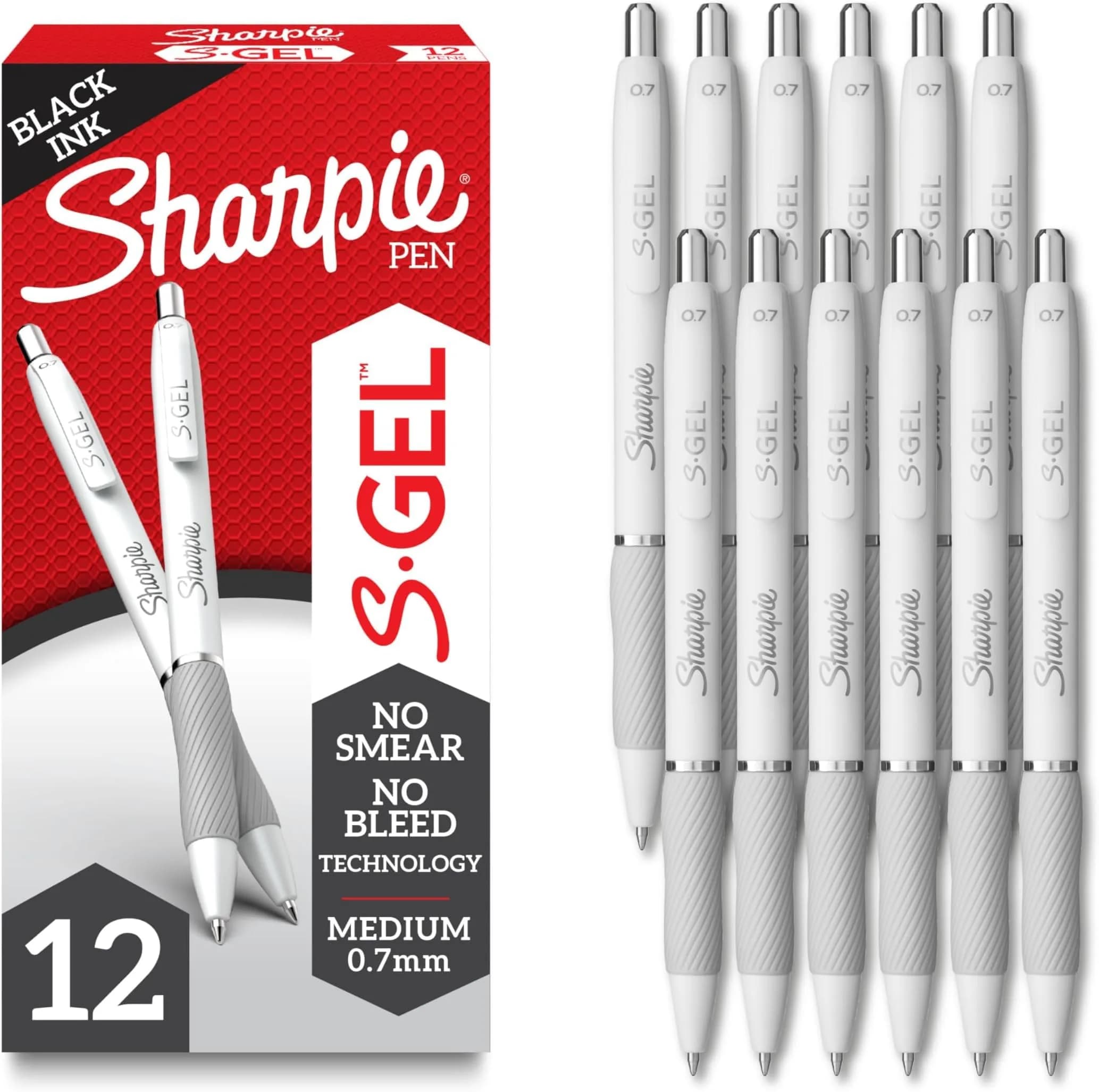 SHARPIE S-Gel Gel Pens, Pearl White Body, Black Ink, Medium Point (0.7mm), Pack of 144 | Smooth Ink Flow for Students & Office