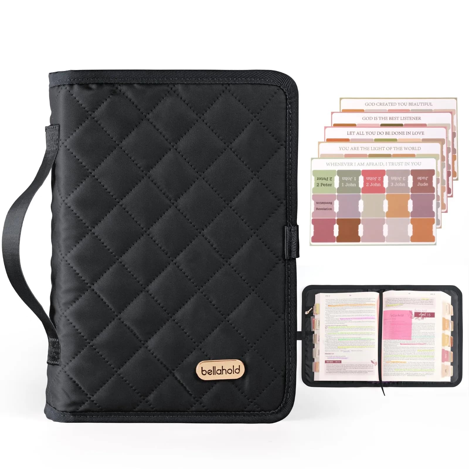 BellaHold Adjustable Bible Cover Case for Women M (9.6" H x 7" W x 2.2" Spine) | Waterproof Quilted Pink Fabric with 75 Bible Tabs — Black / XS