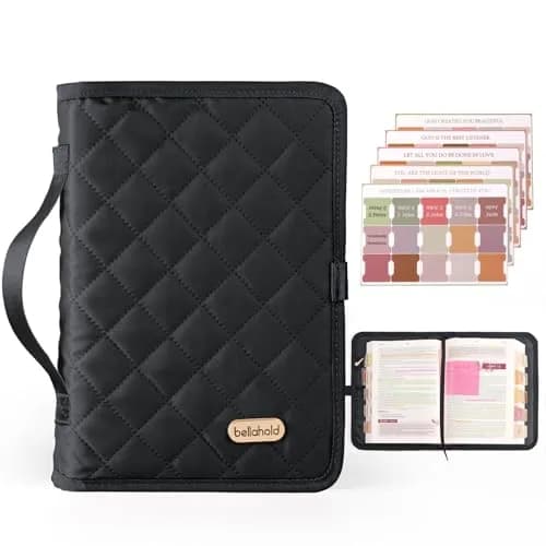 BellaHold Adjustable Bible Cover with 75 Bible Tabs - Black L Size | Waterproof Quilted Fabric for Study thumbnail 1