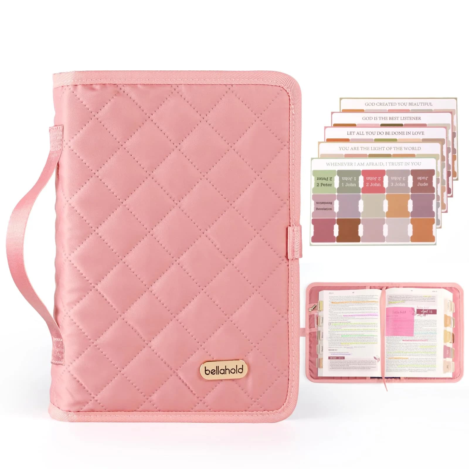 BellaHold Adjustable Bible Cover Case for Women M (9.6" H x 7" W x 2.2" Spine) | Waterproof Quilted Pink Fabric with 75 Bible Tabs - main product image