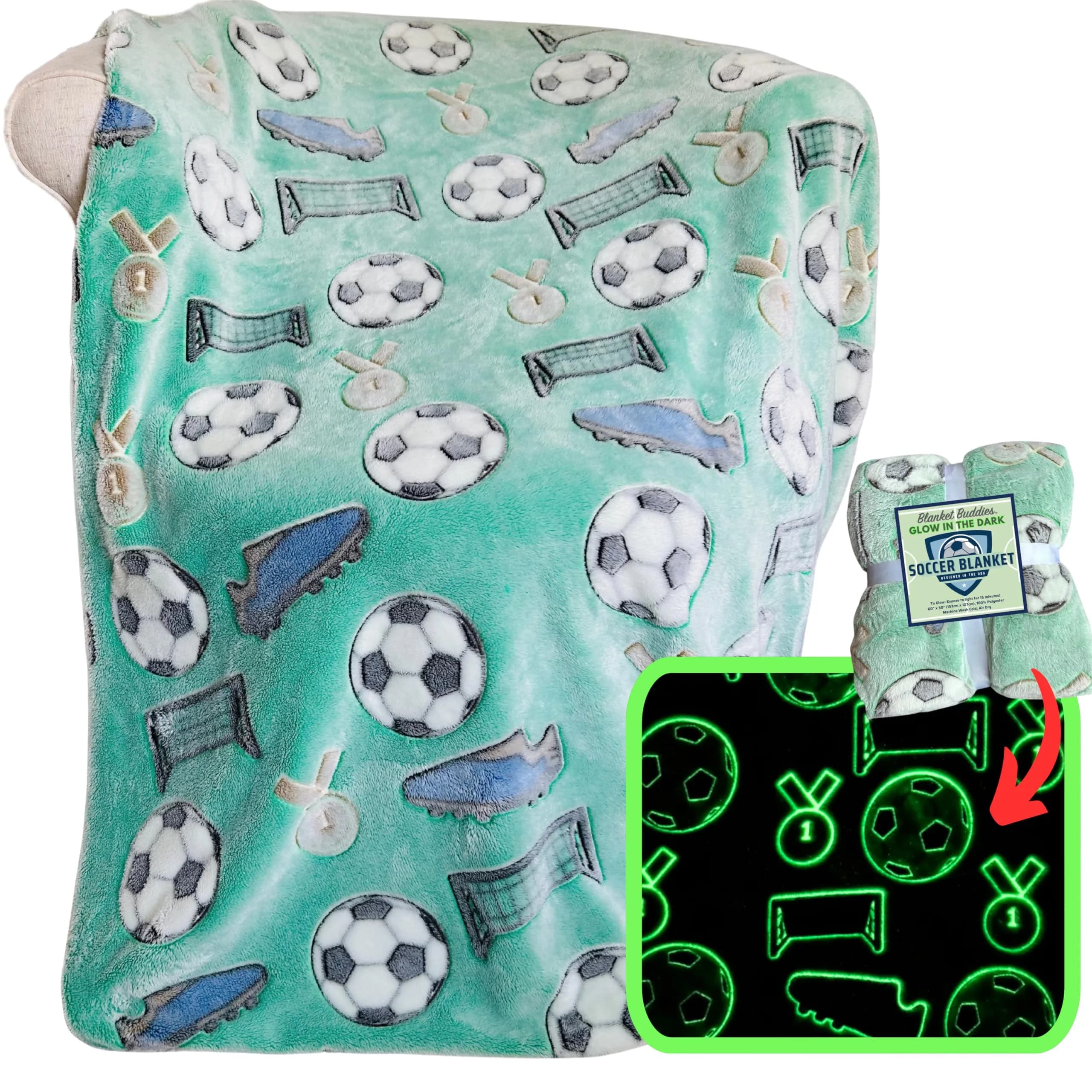 Blanket Buddies Glow in The Dark Soccer Throw Blanket 127cm x 152cm (50" x 60") | Fun Soccer Gift for Boys & Girls