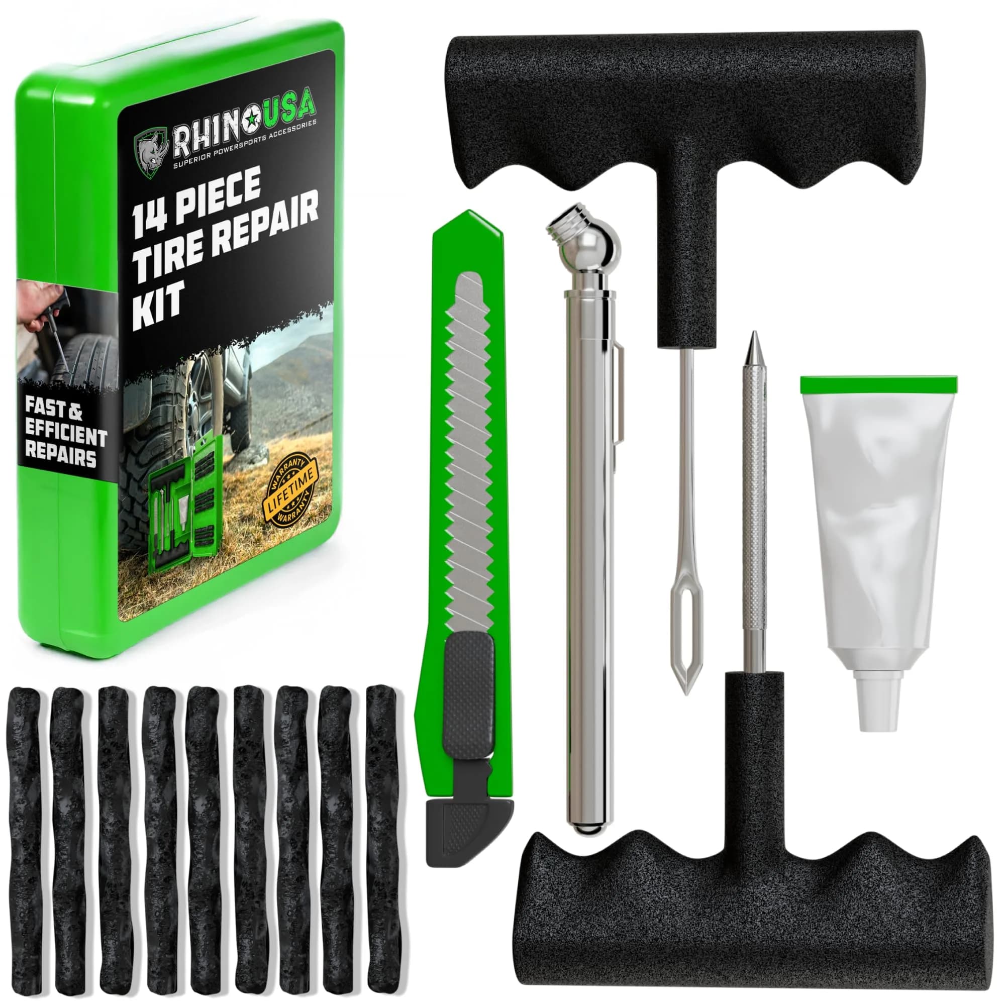Rhino USA Compact Tire Plug Kit 14-Piece Set | Emergency Flat Tire Repair Tool for Cars, Trucks, Motorcycles