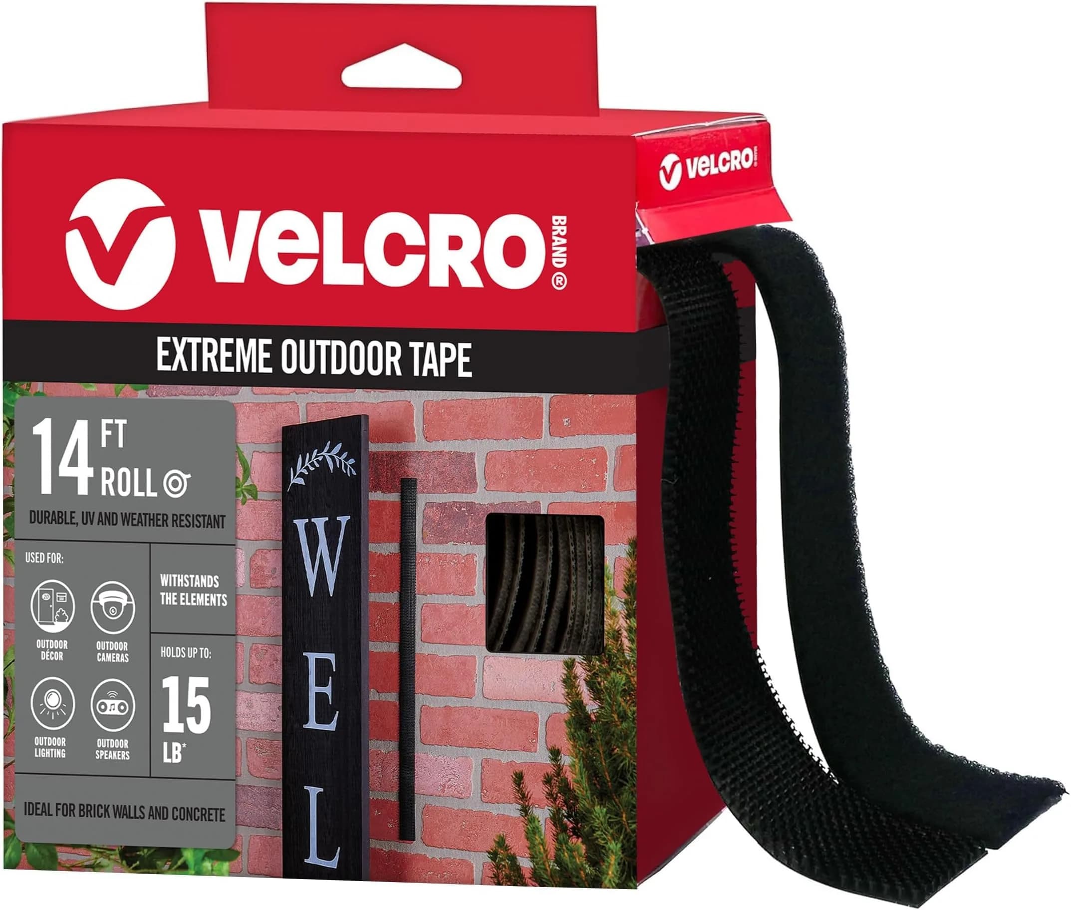VELCRO Brand Extreme Outdoor Mounting Tape Black 14ft x 1in | Holds Up to 15 Lbs on Rough Surfaces — 12-Pack