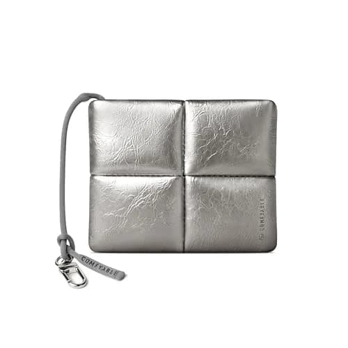 Comfyable Puffy Coin Purse Pouch Small Organizer Silver | Water-Repellent PU Leather with Hidden Lanyard thumbnail 1