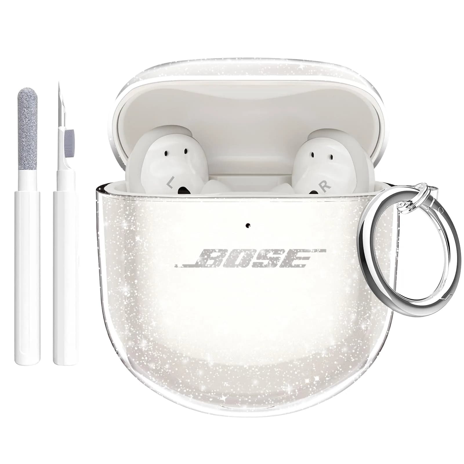 Aircawin Clear Case for Bose QuietComfort Earbuds II / Ultra (2022-2025 Models) | Hingeless TPU Protective Cover with Carabiner & Cleaning Pen — Clear Glitter