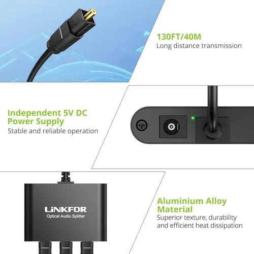 LiNKFOR 1x3 Optical Audio Splitter 156 g (5.5 oz) | Splits 1 Toslink Source to 3 Outputs thumbnail 6