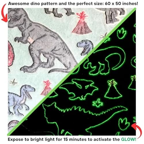 Blanket Buddies Glow in The Dark Dinosaur Throw Blanket 50" x 60" (127 x 152 cm) | Soft Fleece Kids Blanket with T Rex, Velociraptor thumbnail 2